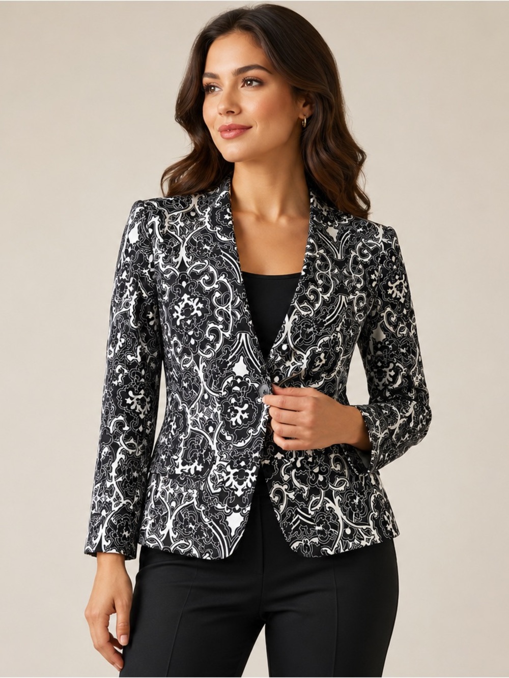 New York & Company Black and White Ornate Printed Blazer
